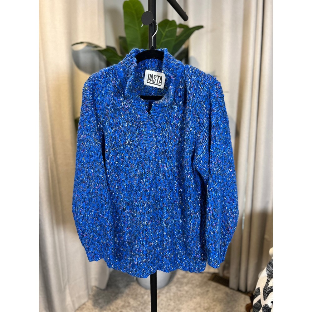 Vintage Pasta Royal Blue Confetti Chunky Knit Split Collar Sweater Large